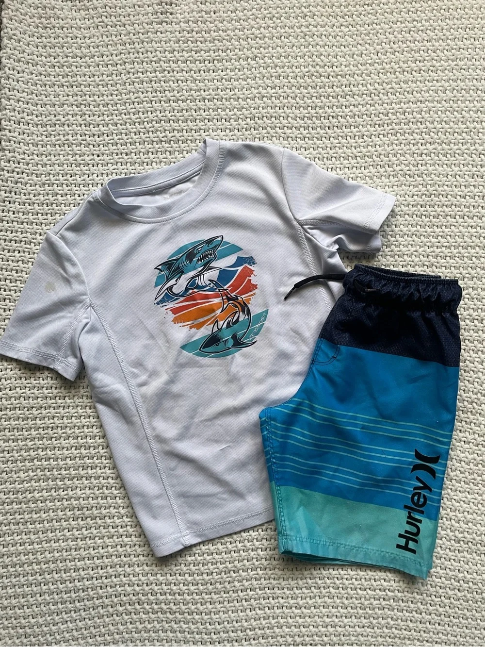 Hurley Boys' Blue Gradient Swim Set with White (Shark Graphic) Rash Guard